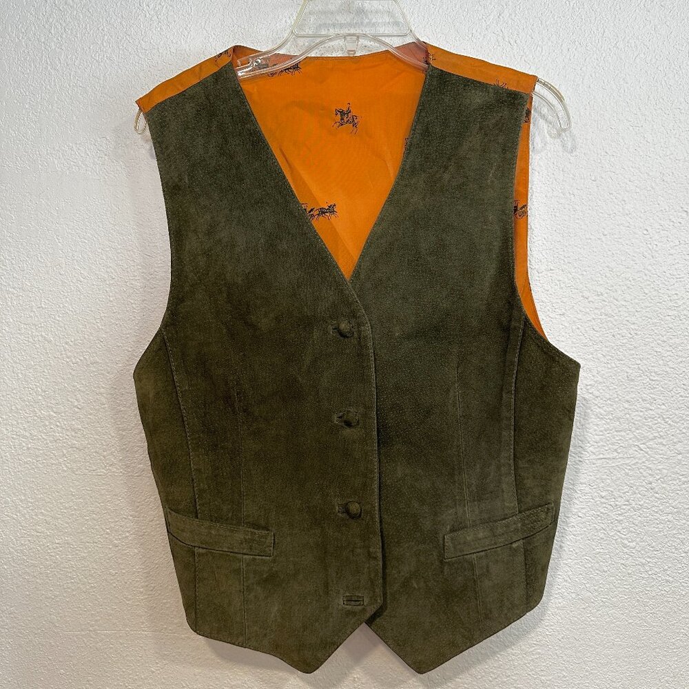 VTG Western Leather Vest Olive Green with Horse and Carriage on Back Womens Med